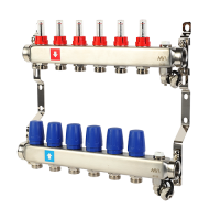 Коллектор с расходомерами,  дренажным краном и краном Маевского, 6 вых.